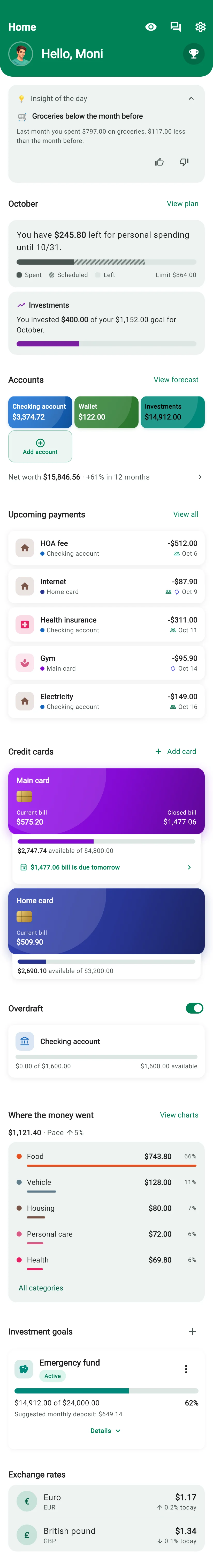 Monely Home screen with the Insight of the day, the month summary, accounts, upcoming payments and cards